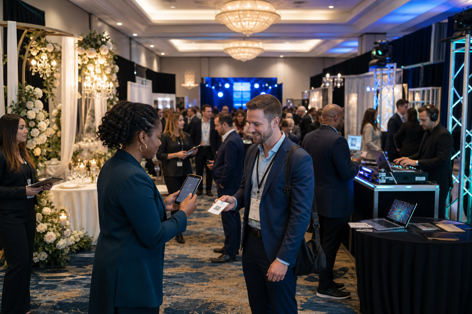Attendees networking at an expo
